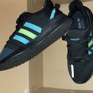 Men's Size 8.5 Adidas. The base shoe is black with turquoise and green 3 stripe.